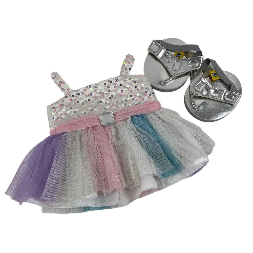 Build A Bear Clothes White Satin Dress‎ Silver Sandals Pink Purple Tulle Sequins
